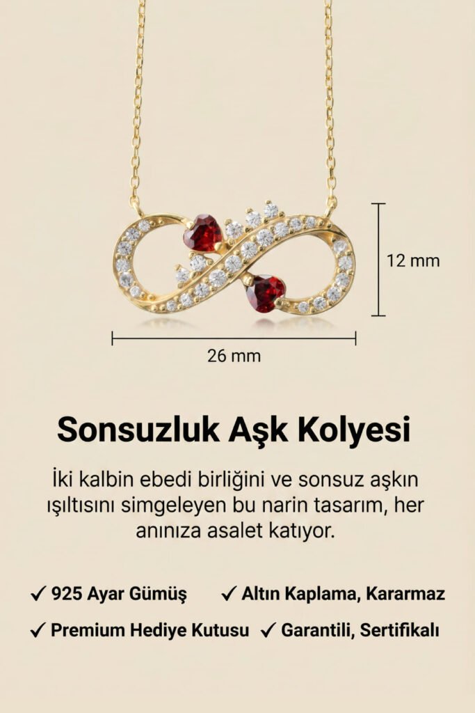Kırmızı Kalpli Sonsuzluk 925 Ayar Gümüş Kolye | 18 Ayar Vermeil Premium Sarı Altın Kaplama