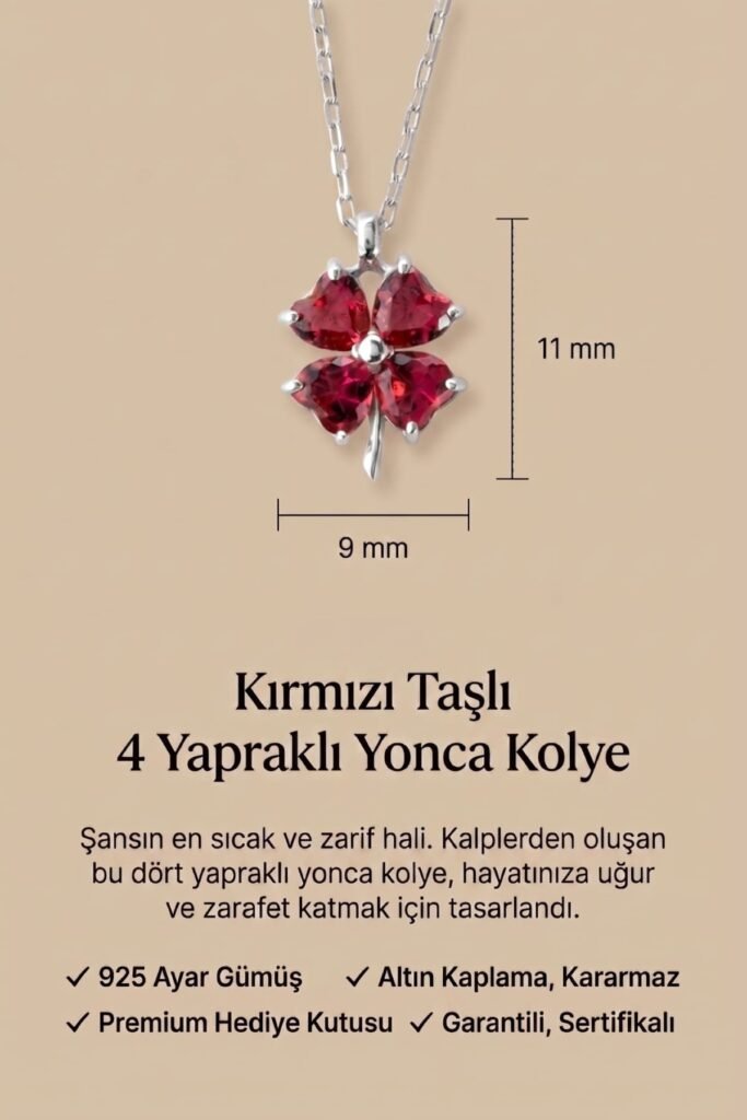 Kırmızı Taşlı 4 Yapraklı Yonca 925 Ayar Gümüş Kolye | 18 Ayar Vermeil Premium Beyaz Altın Kaplama