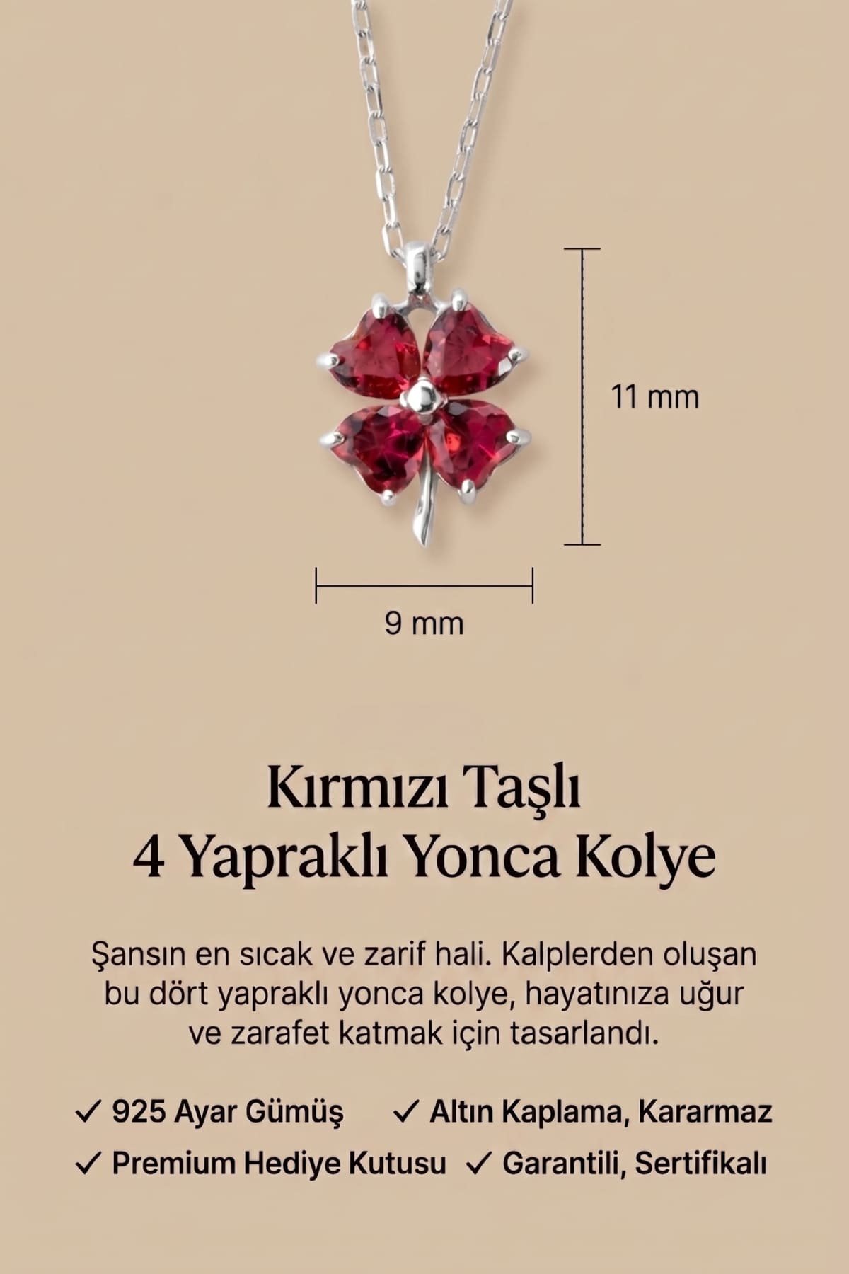 Jewelmim Kırmızı Taşlı 4 Yapraklı Yonca Beyaz Altın Kaplama Gümüş Kolye Duruş Detay Çekimi, anneye gümüş kolye hediyesi, zarif gümüş kolye modelleri