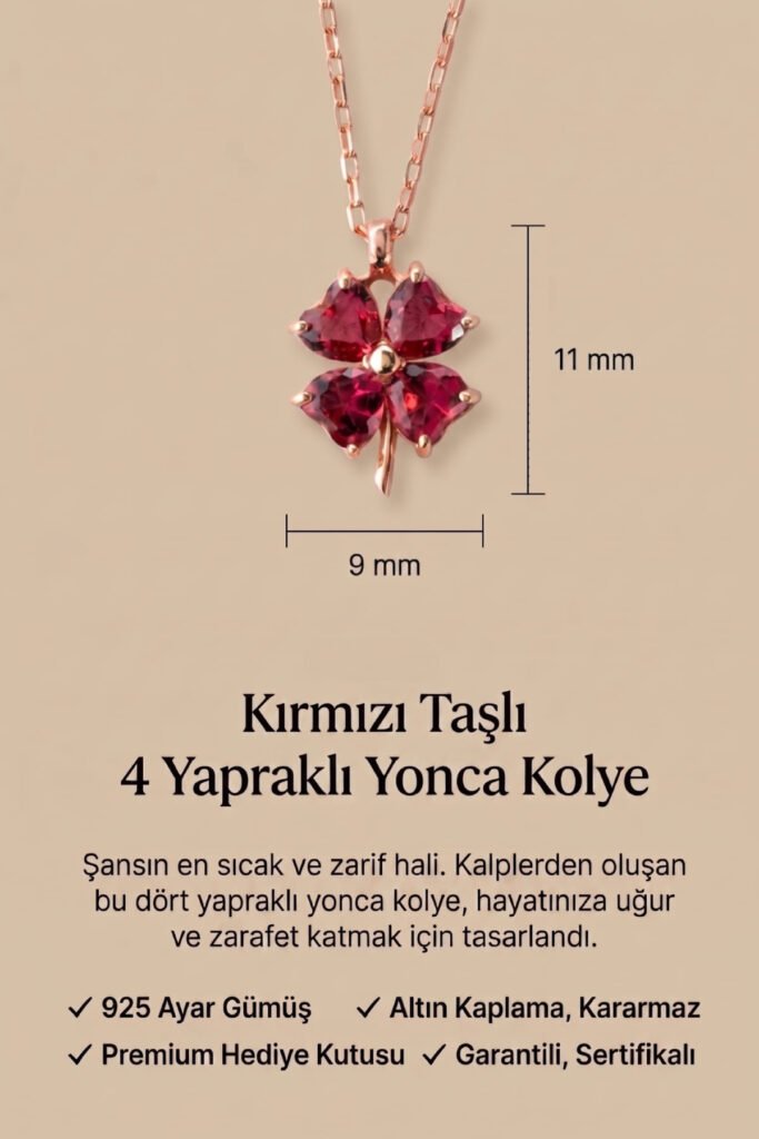 Kırmızı Taşlı 4 Yapraklı Yonca 925 Ayar Gümüş Kolye | 18 Ayar Vermeil Premium Rose Altın Kaplama