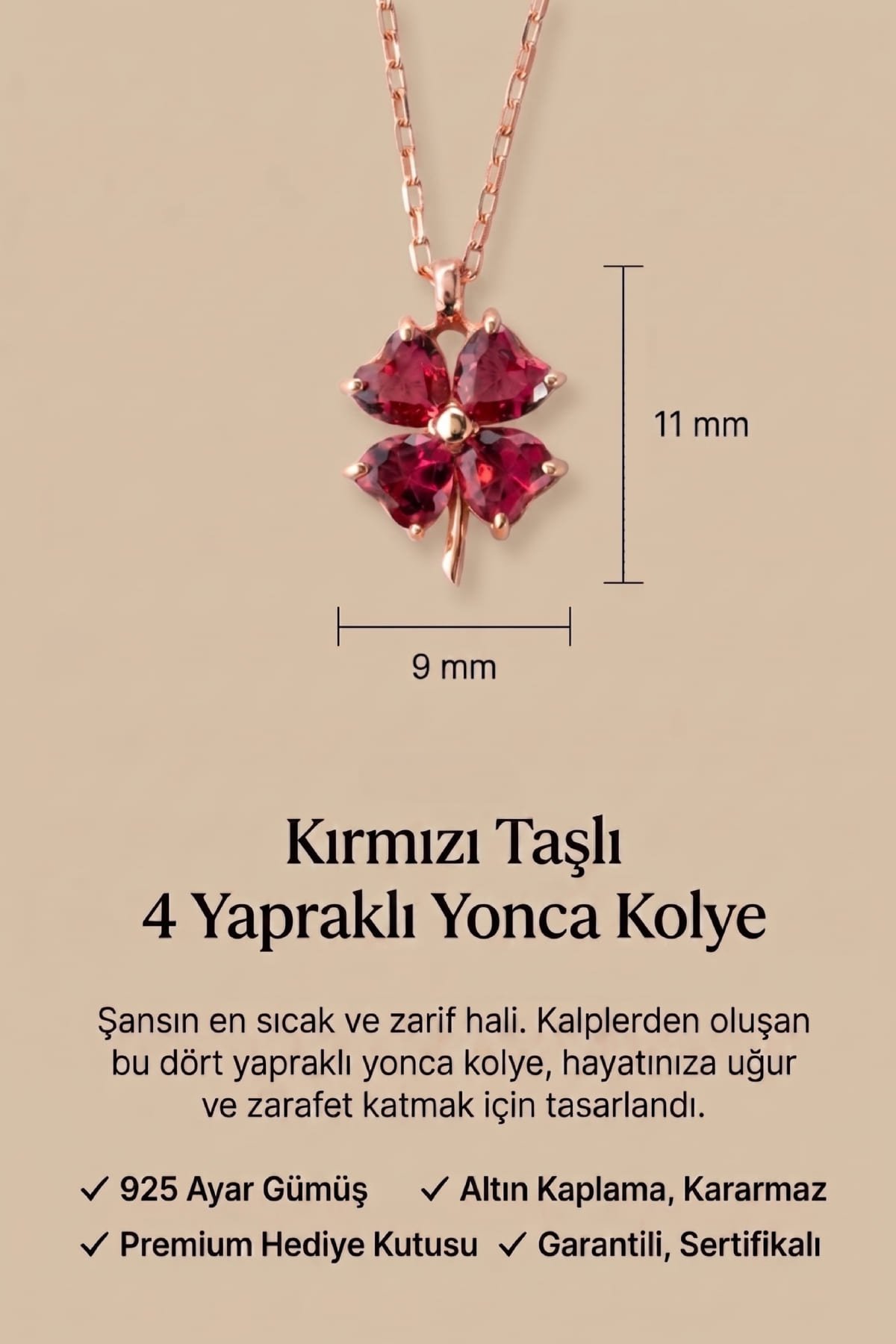 Jewelmim Kırmızı Taşlı 4 Yapraklı Yonca Rose Altın Kaplama Gümüş Kolye Duruş Detay Çekimi, anneye gümüş kolye hediyesi, zarif gümüş kolye modelleri