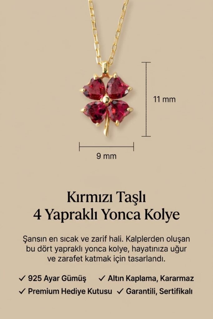 Kırmızı Taşlı 4 Yapraklı Yonca 925 Ayar Gümüş Kolye | 18 Ayar Vermeil Premium Sarı Altın Kaplama