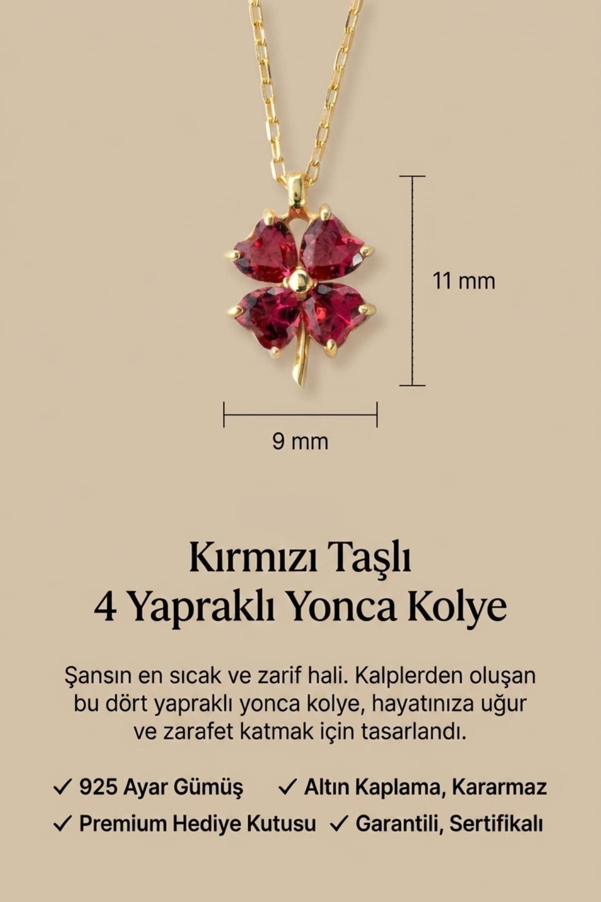 Jewelmim Kırmızı Taşlı 4 Yapraklı Yonca Sarı Altın Kaplama Gümüş Kolye Duruş Detay Çekimi, anneye gümüş kolye hediyesi, zarif gümüş kolye modelleri