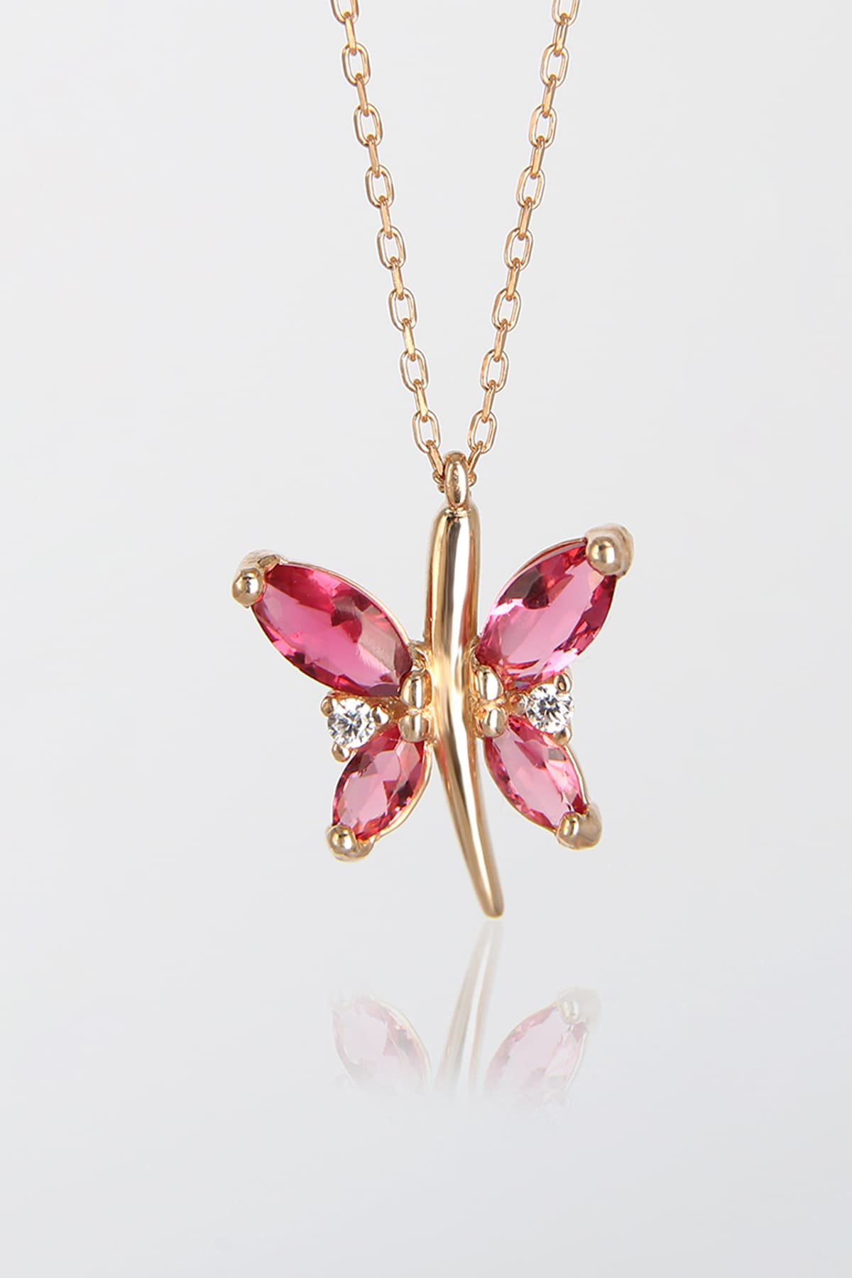 Jewelmim Kırmızı Taşlı Kelebek Rose Altın Kaplama Gümüş Kolye, şık gümüş kolye modelleri, sevgiliye gümüş kolye hediyesi