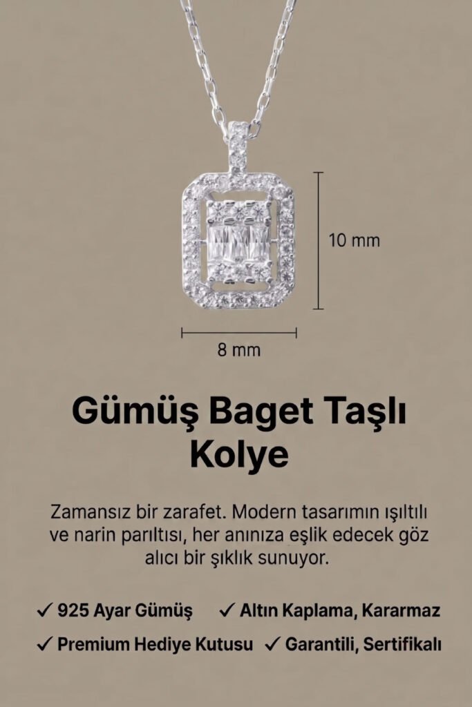 Klasik Baget 925 Ayar Gümüş Kolye | 18 Ayar Vermeil Premium Beyaz Altın Kaplama