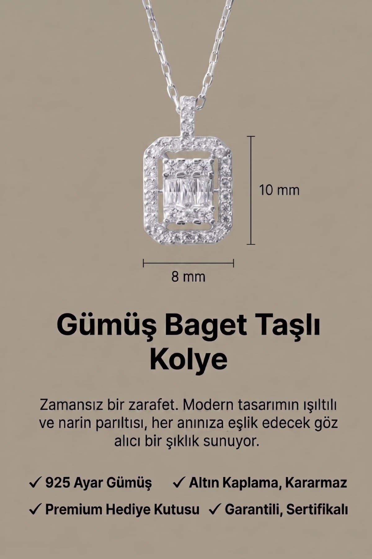 Jewelmim Klasik Baget Beyaz Altın Kaplama Gümüş Kolye Duruş Detay Çekimi, anneye gümüş kolye hediyesi, zarif gümüş kolye modelleri