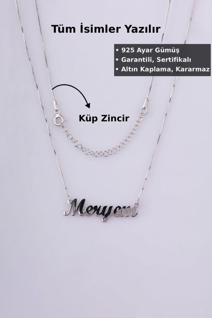 Kişiye Özel Küp Zincir İsim 925 Ayar Gümüş Kolye | 18 Ayar Vermeil Premium Beyaz Altın Kaplama