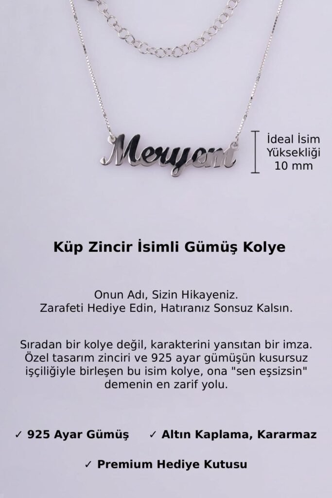 Kişiye Özel Küp Zincir İsim 925 Ayar Gümüş Kolye | 18 Ayar Vermeil Premium Beyaz Altın Kaplama