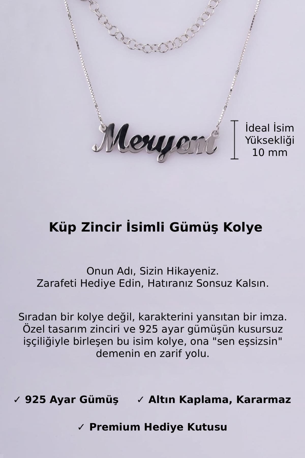 Jewelmim Kişiye Özel Küp Zincir İsim Beyaz Altın Kaplama Gümüş Kolye Detay Çekimi, eşe gümüş kolye hediyesi, en güzel kolye modelleri