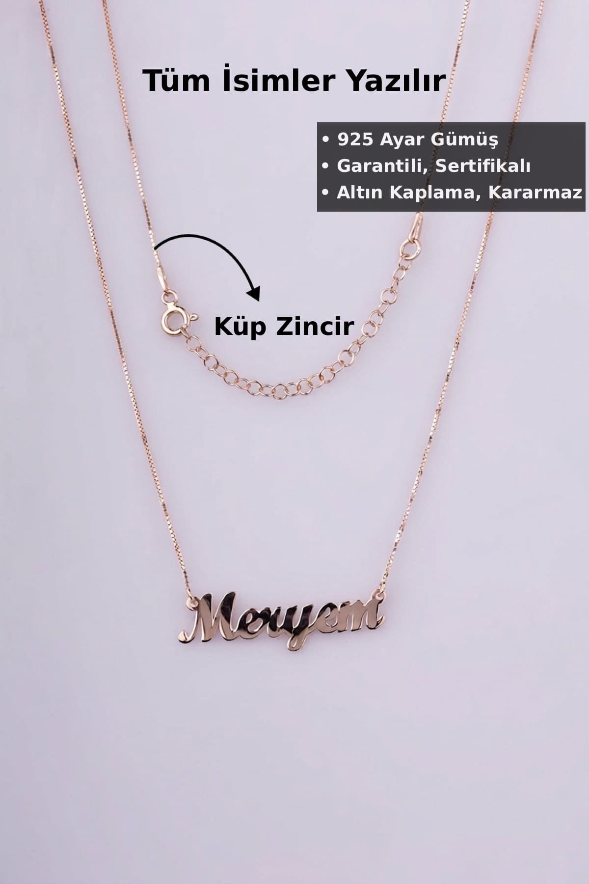 Jewelmim Kişiye Özel Küp Zincir İsim Rose Altın Kaplama Gümüş Kolye, şık gümüş kolye modelleri, sevgiliye gümüş kolye hediyesi