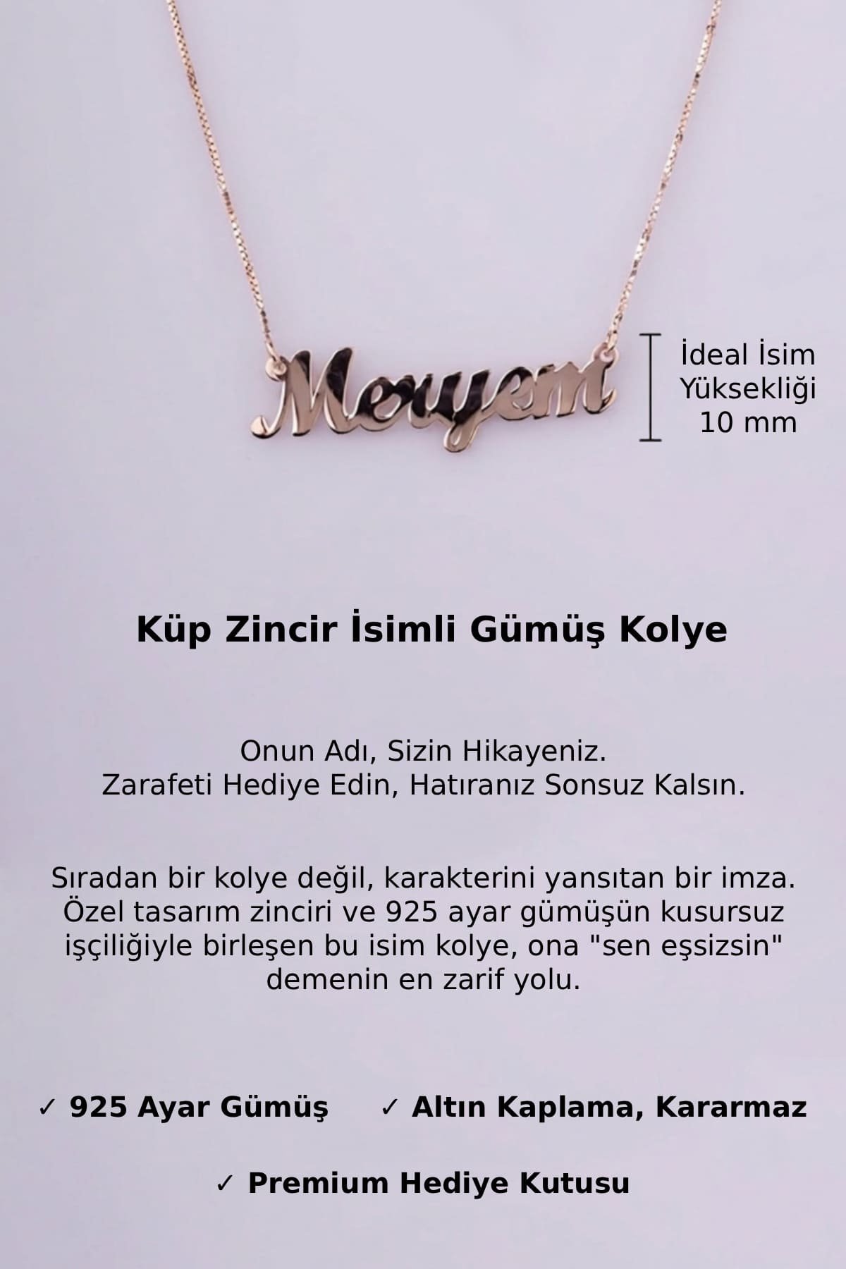 Jewelmim Kişiye Özel Küp Zincir İsim Rose Altın Kaplama Gümüş Kolye Detay Çekimi, eşe gümüş kolye hediyesi, en güzel kolye modelleri
