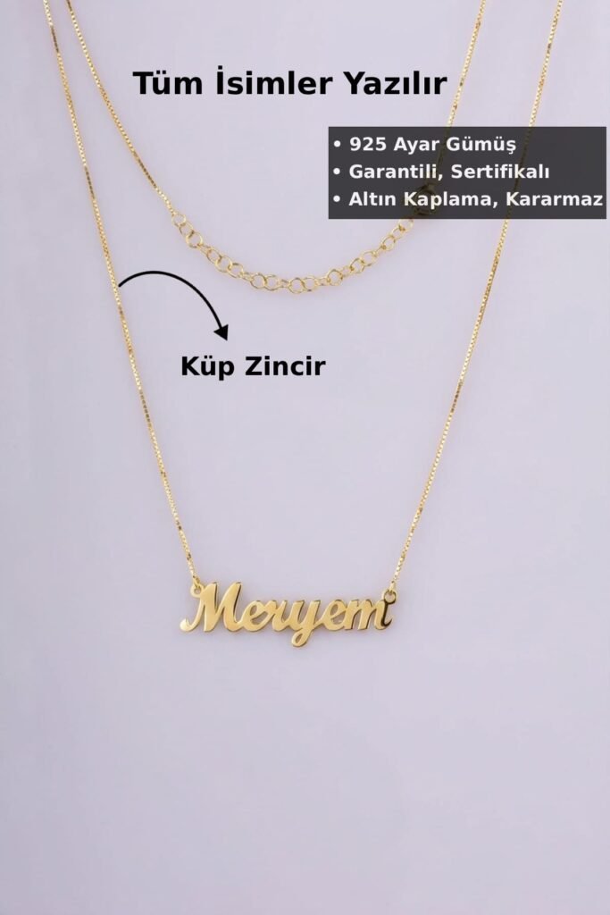 Kişiye Özel Küp Zincir İsim 925 Ayar Gümüş Kolye | 18 Ayar Vermeil Premium Sarı Altın Kaplama