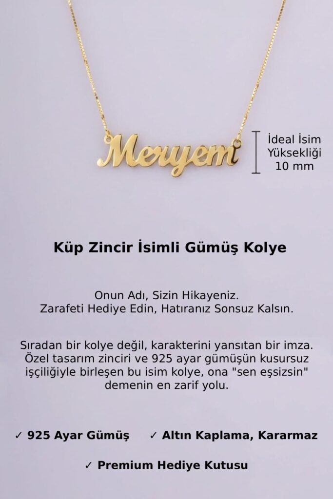 Kişiye Özel Küp Zincir İsim 925 Ayar Gümüş Kolye | 18 Ayar Vermeil Premium Sarı Altın Kaplama