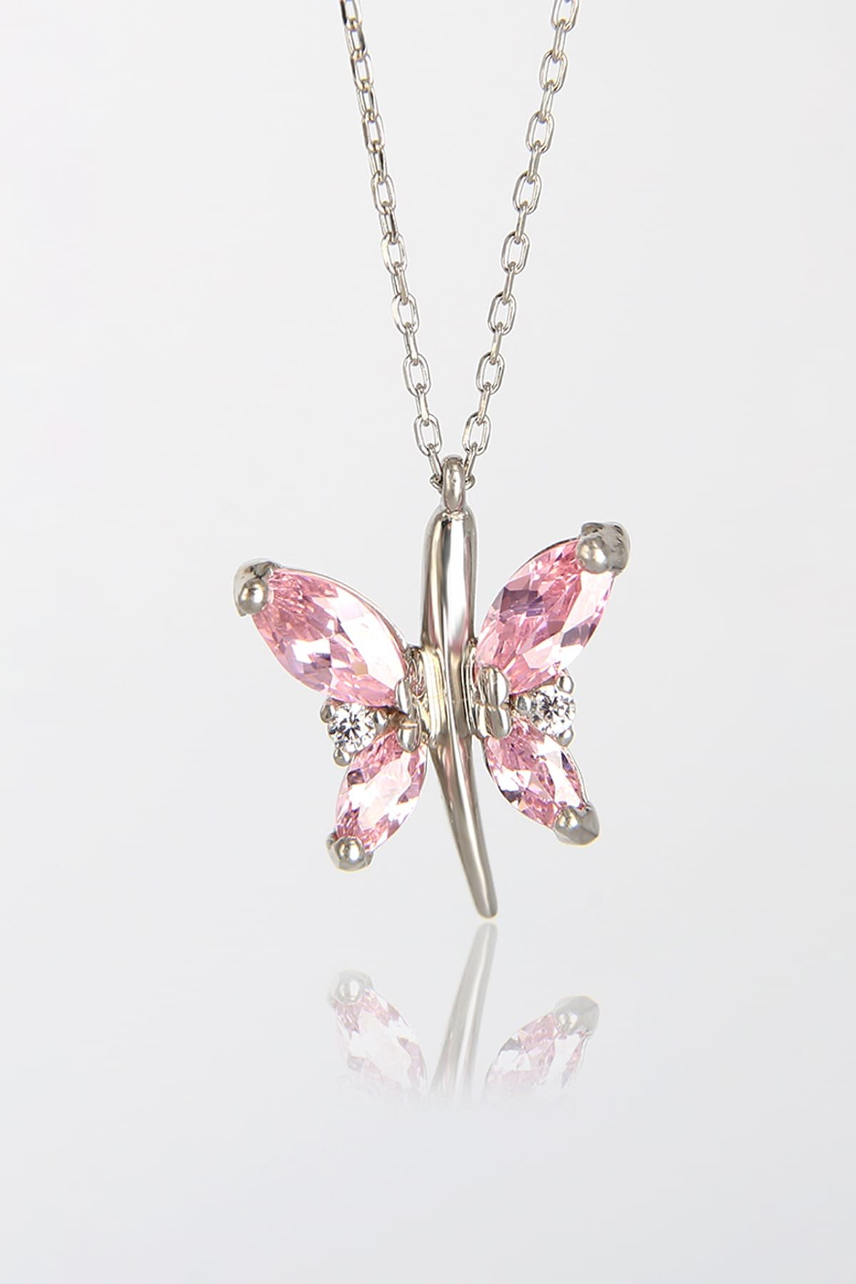 Jewelmim Lila Pembe Kelebek Beyaz Altın Kaplama Gümüş Kolye, şık gümüş kolye modelleri, sevgiliye gümüş kolye hediyesi