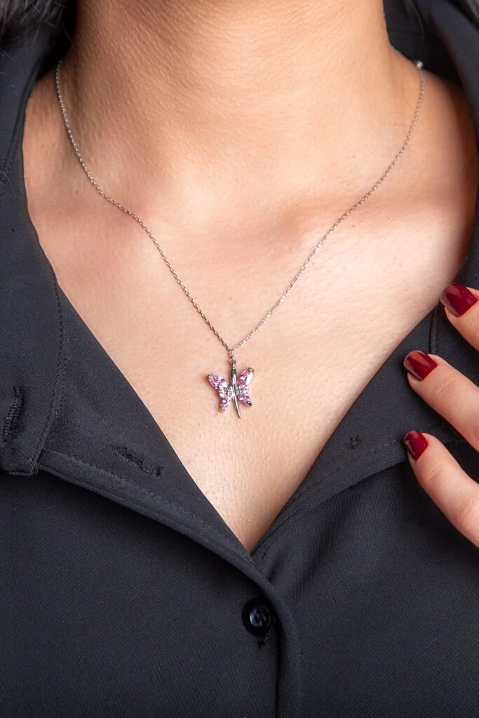 Lila Pembe Kelebek 925 Ayar Gümüş Kolye | 18 Ayar Vermeil Premium Beyaz Altın Kaplama