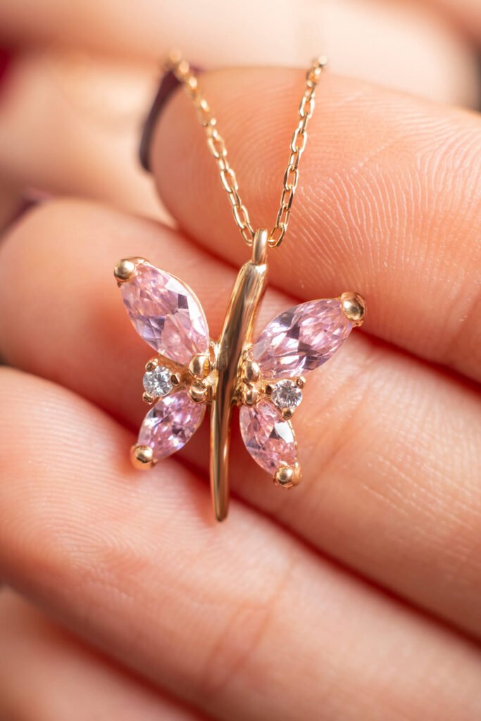 Lila Pembe Kelebek 925 Ayar Gümüş Kolye | 18 Ayar Vermeil Premium Rose Altın Kaplama
