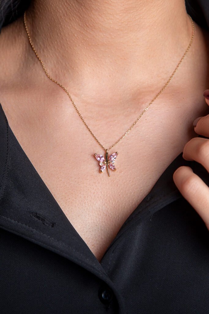 Lila Pembe Kelebek 925 Ayar Gümüş Kolye | 18 Ayar Vermeil Premium Rose Altın Kaplama