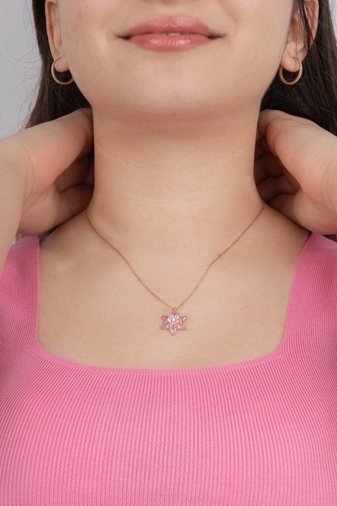 Lila Taşlı Lotus Çiçeği 925 Ayar Gümüş Kolye | 18 Ayar Vermeil Premium Rose Altın Kaplama