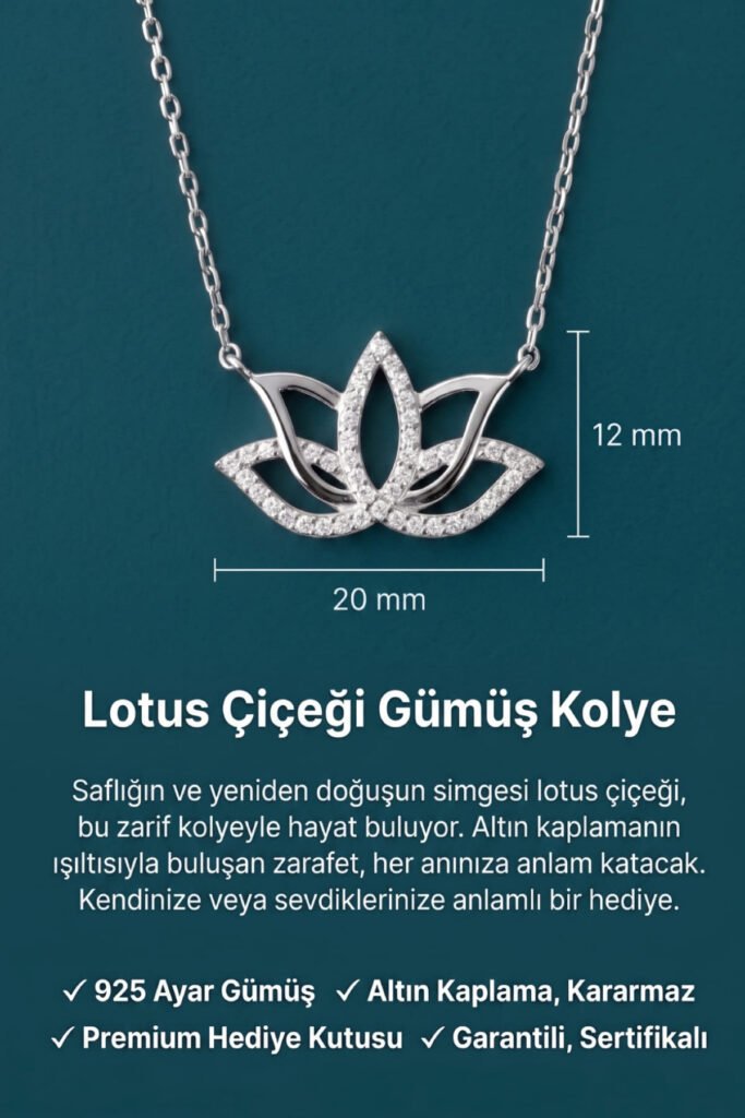 Lotus Çiçeği 925 Ayar Gümüş Kolye | 18 Ayar Vermeil Premium Beyaz Altın Kaplama