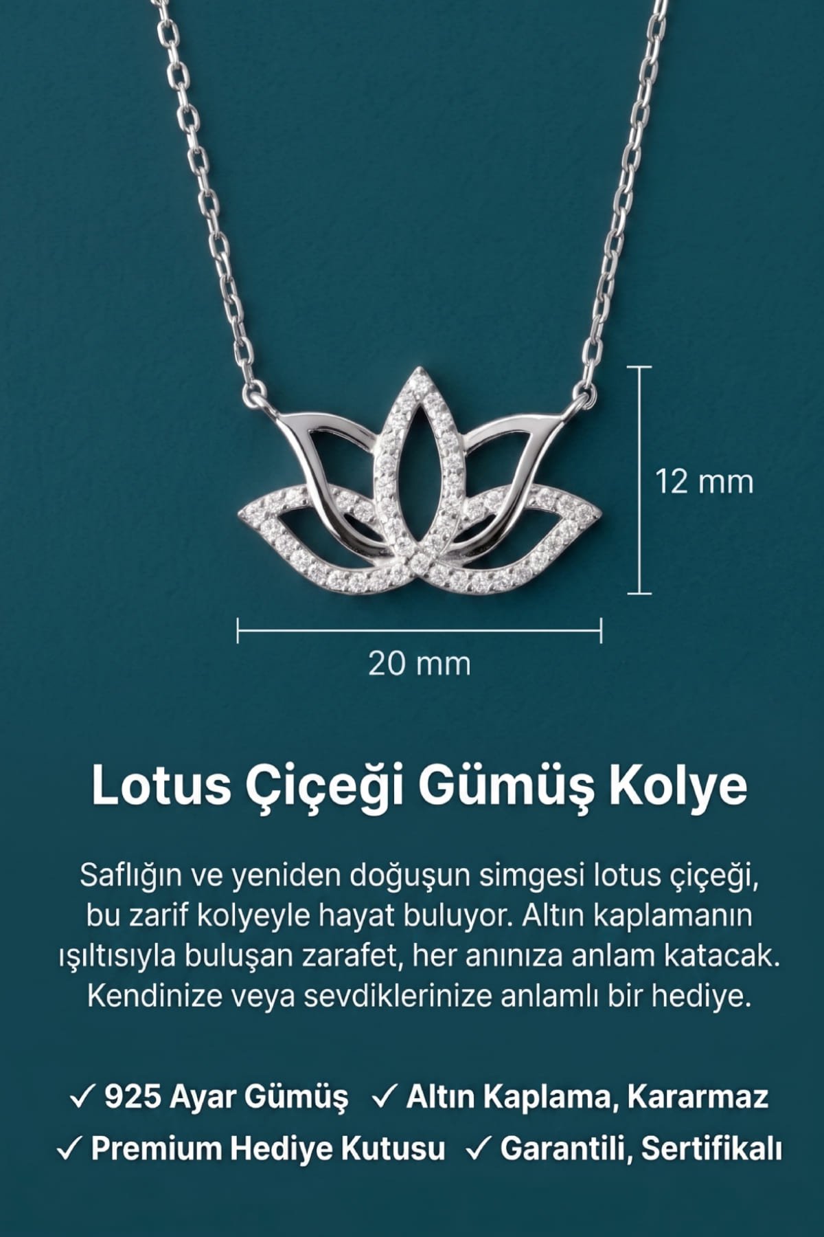 Jewelmim Lotus Çiçeği Beyaz Altın Kaplama Gümüş Kolye Duruş Detay Çekimi, anneye gümüş kolye hediyesi, zarif gümüş kolye modelleri