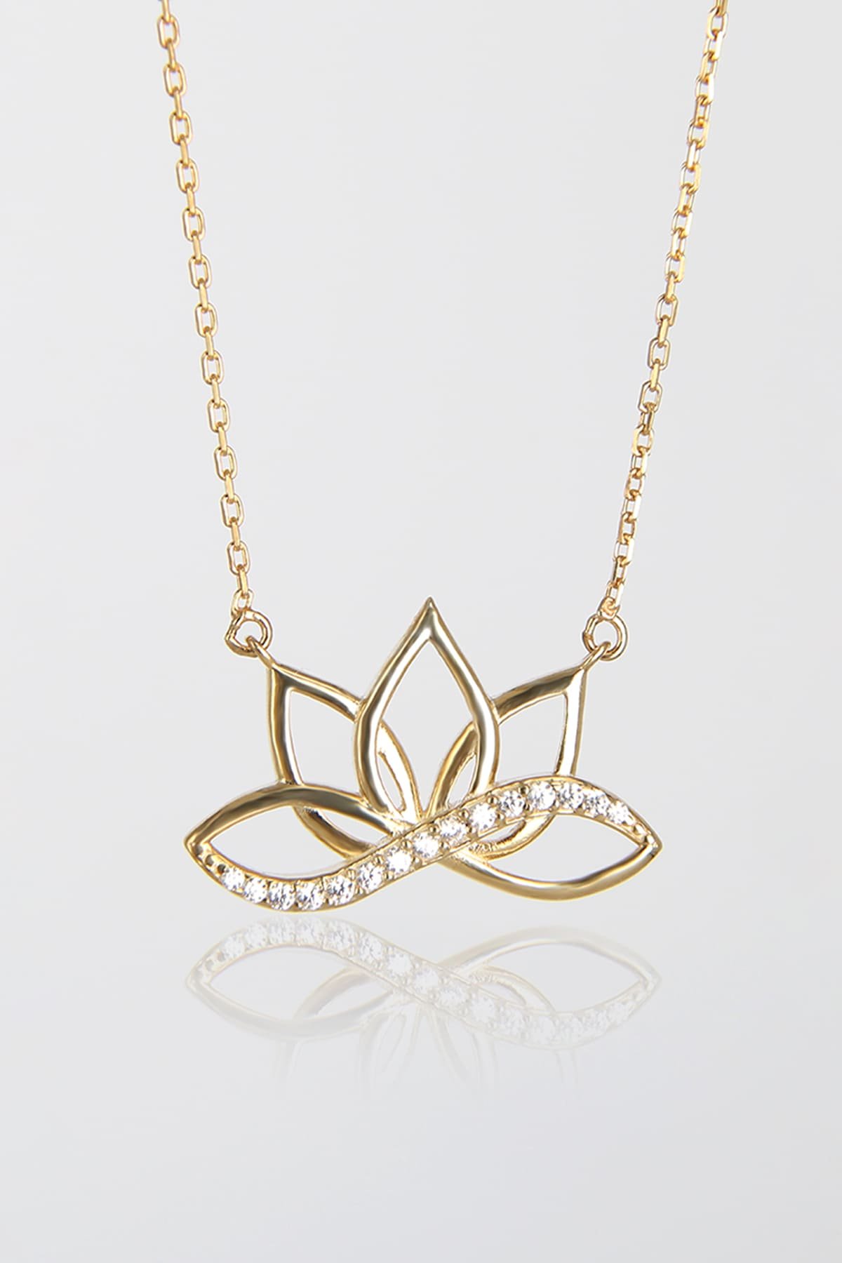 Jewelmim Lotus Çiçeği ve Sonsuzluk Sarı Altın Kaplama Gümüş Kolye, şık gümüş kolye modelleri, sevgiliye gümüş kolye hediyesi
