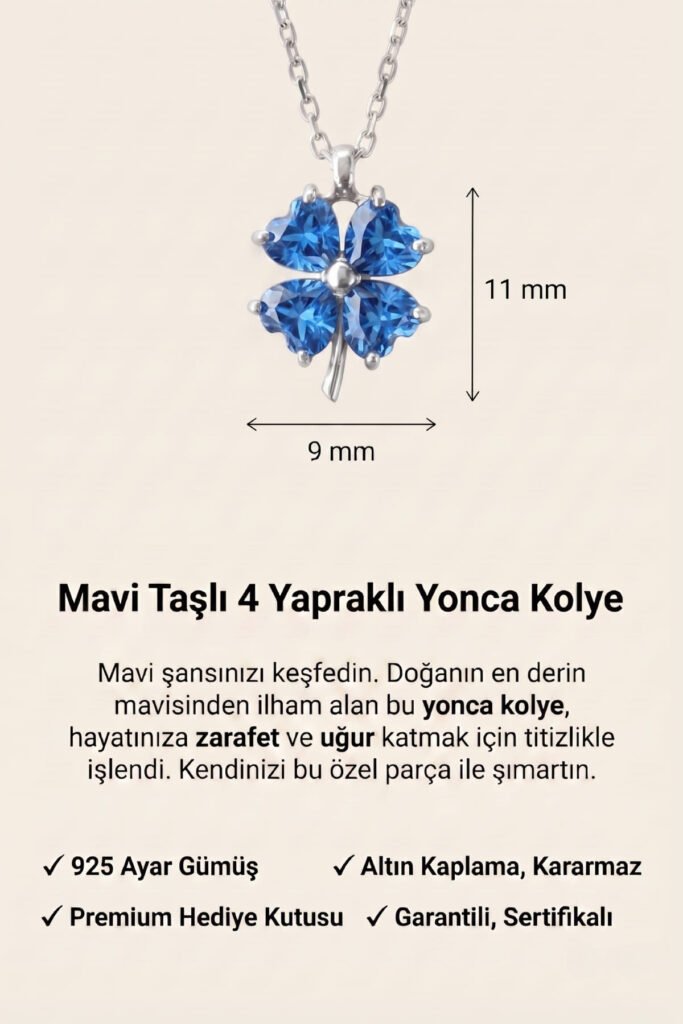 Mavi Taşlı 4 Yapraklı Yonca 925 Ayar Gümüş Kolye | 18 Ayar Vermeil Premium Beyaz Altın Kaplama