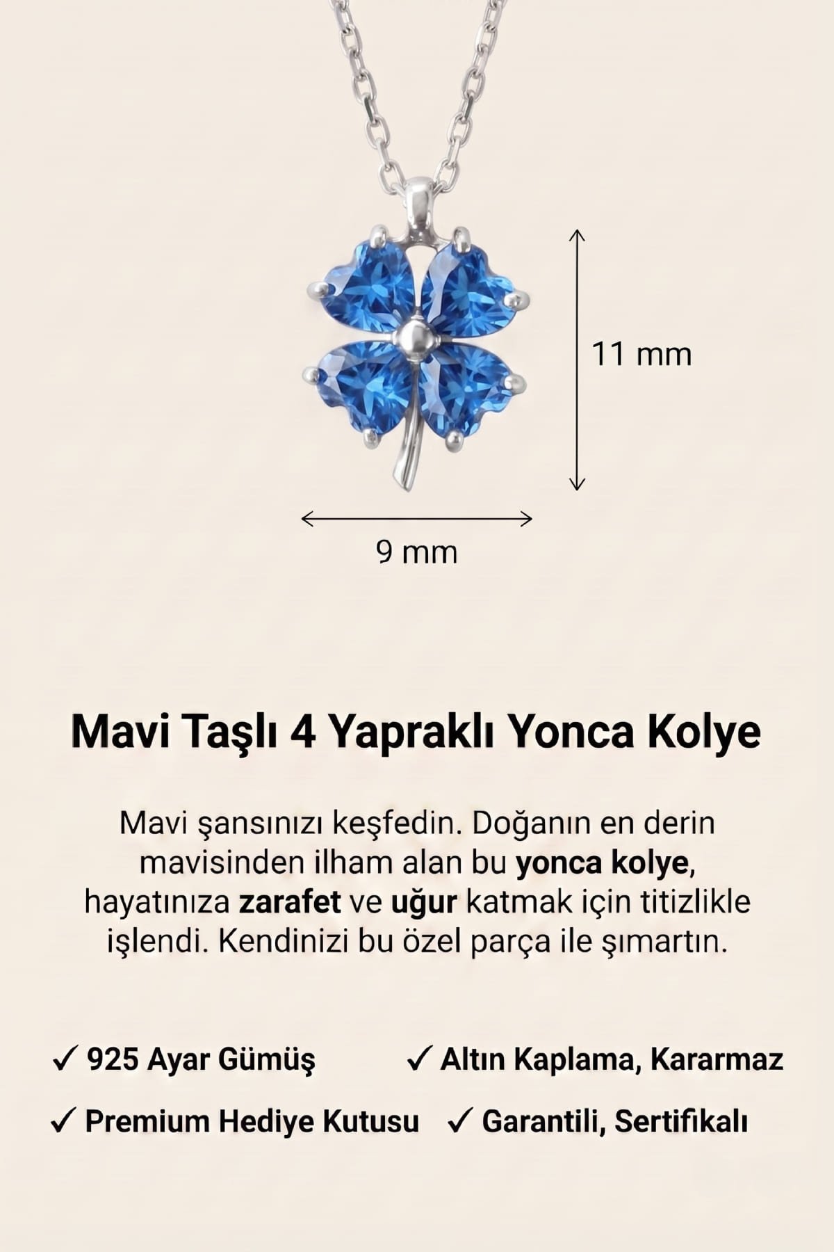 Jewelmim Mavi Taşlı 4 Yapraklı Yonca Beyaz Altın Kaplama Gümüş Kolye Duruş Detay Çekimi, anneye gümüş kolye hediyesi, zarif gümüş kolye modelleri