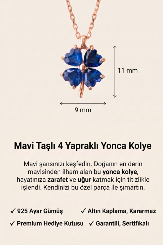 Mavi Taşlı 4 Yapraklı Yonca 925 Ayar Gümüş Kolye | 18 Ayar Vermeil Premium Rose Altın Kaplama