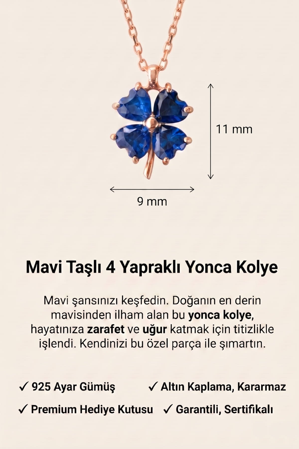 Jewelmim Mavi Taşlı 4 Yapraklı Yonca Rose Altın Kaplama Gümüş Kolye Duruş Detay Çekimi, anneye gümüş kolye hediyesi, zarif gümüş kolye modelleri