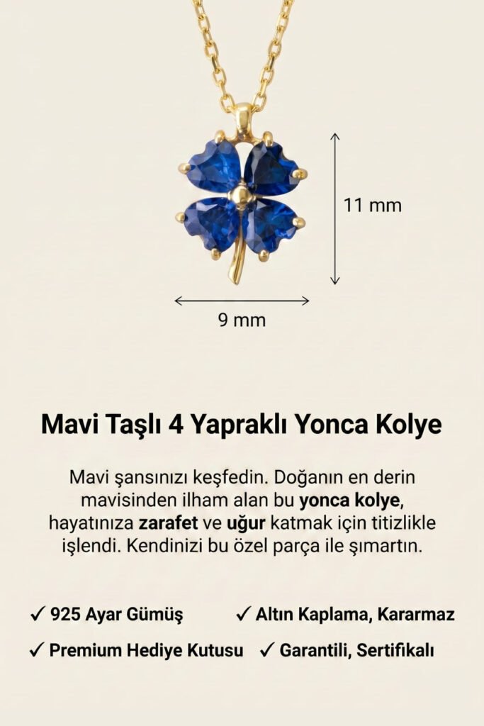 Mavi Taşlı 4 Yapraklı Yonca 925 Ayar Gümüş Kolye | 18 Ayar Vermeil Premium Sarı Altın Kaplama