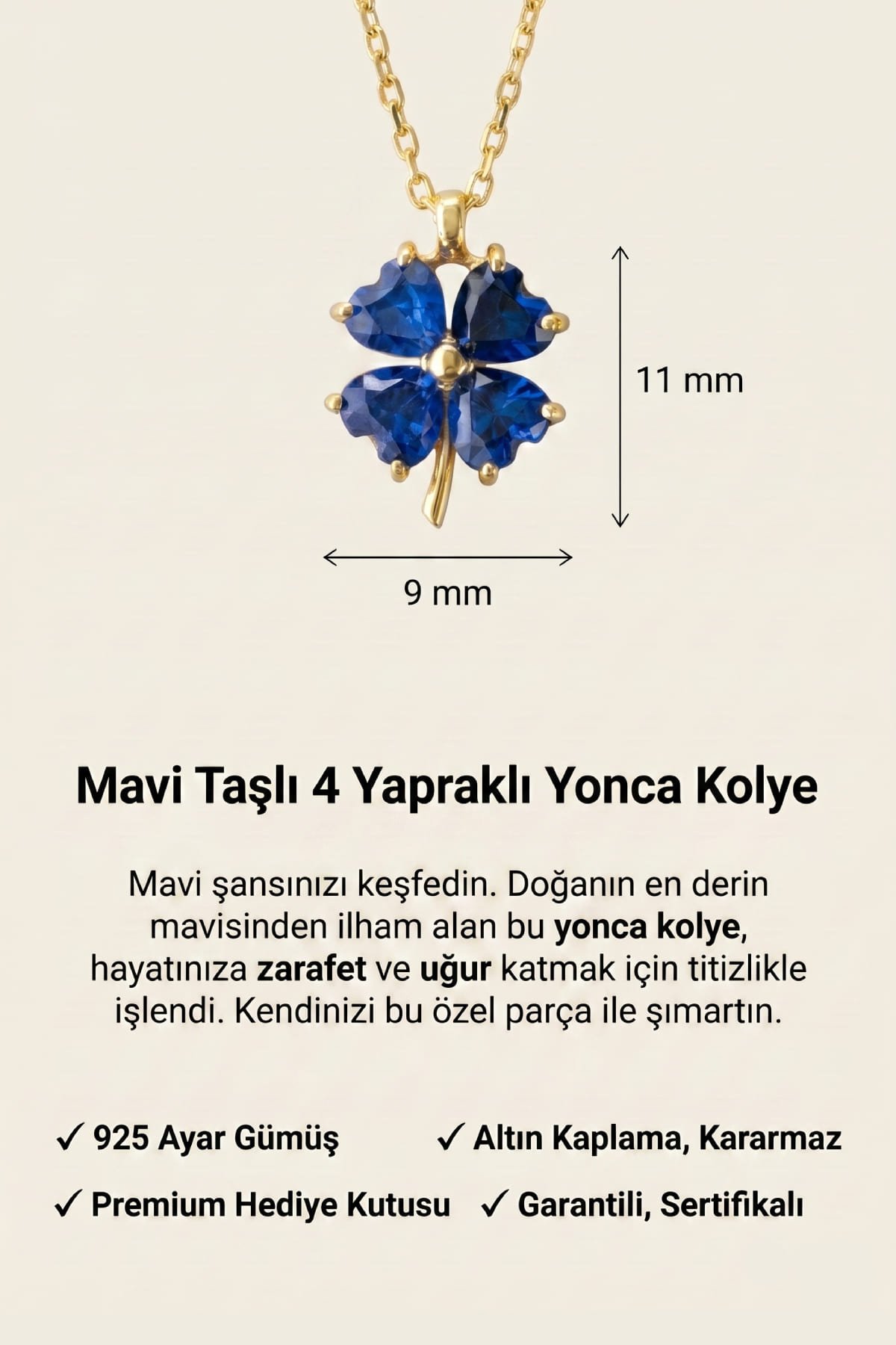 Jewelmim Mavi Taşlı 4 Yapraklı Yonca Sarı Altın Kaplama Gümüş Kolye Duruş Detay Çekimi, anneye gümüş kolye hediyesi, zarif gümüş kolye modelleri
