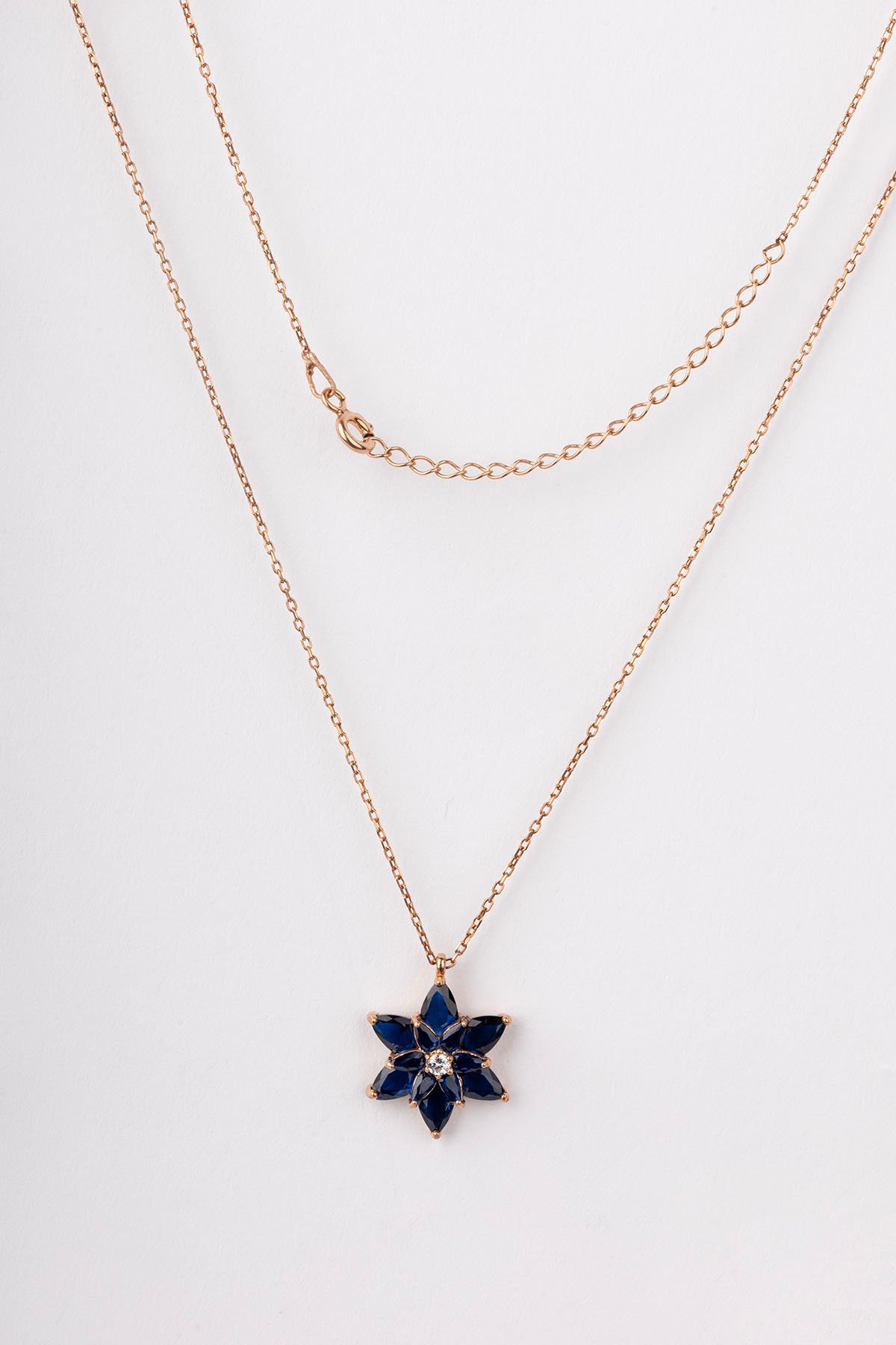 Jewelmim Mavi Taşlı Lotus Çiçeği Rose Altın Kaplama Gümüş Kolye, şık gümüş kolye modelleri, sevgiliye gümüş kolye hediyesi