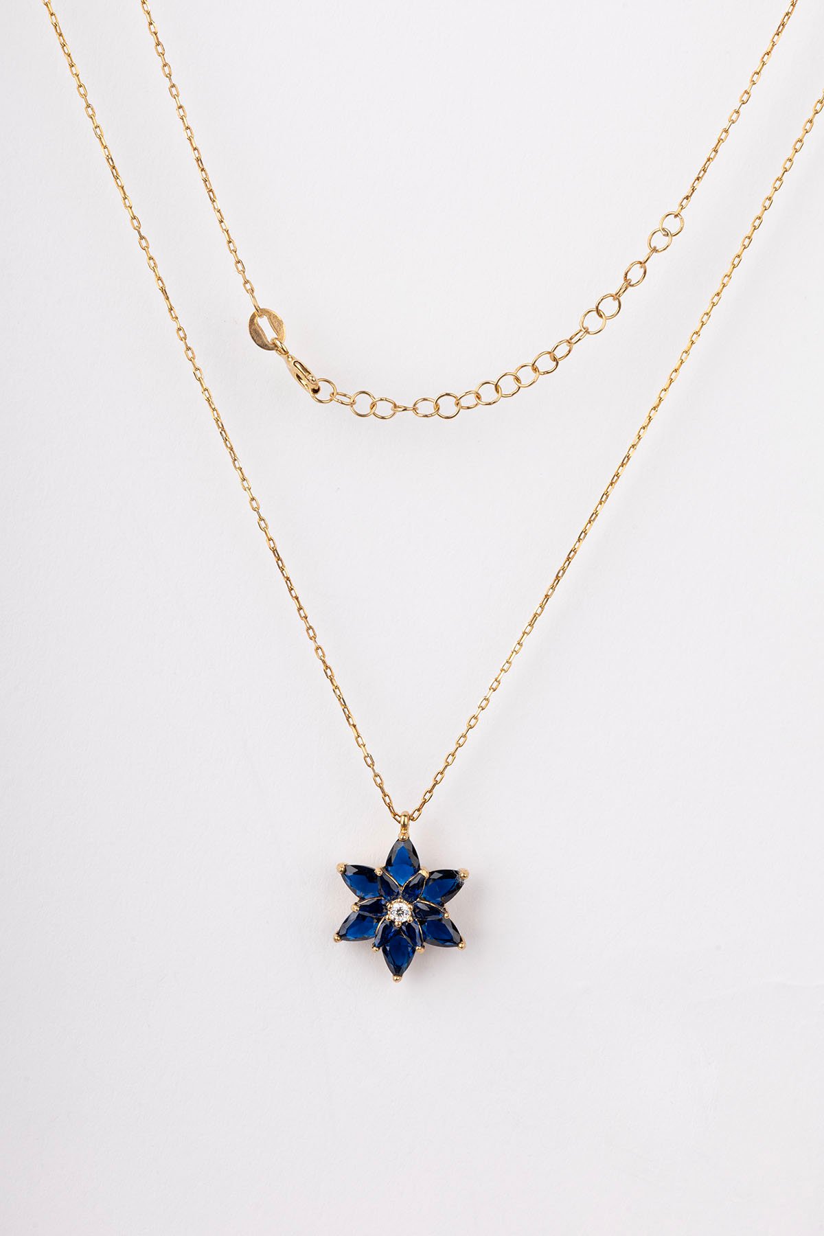Jewelmim Mavi Taşlı Lotus Çiçeği Sarı Altın Kaplama Gümüş Kolye, şık gümüş kolye modelleri, sevgiliye gümüş kolye hediyesi