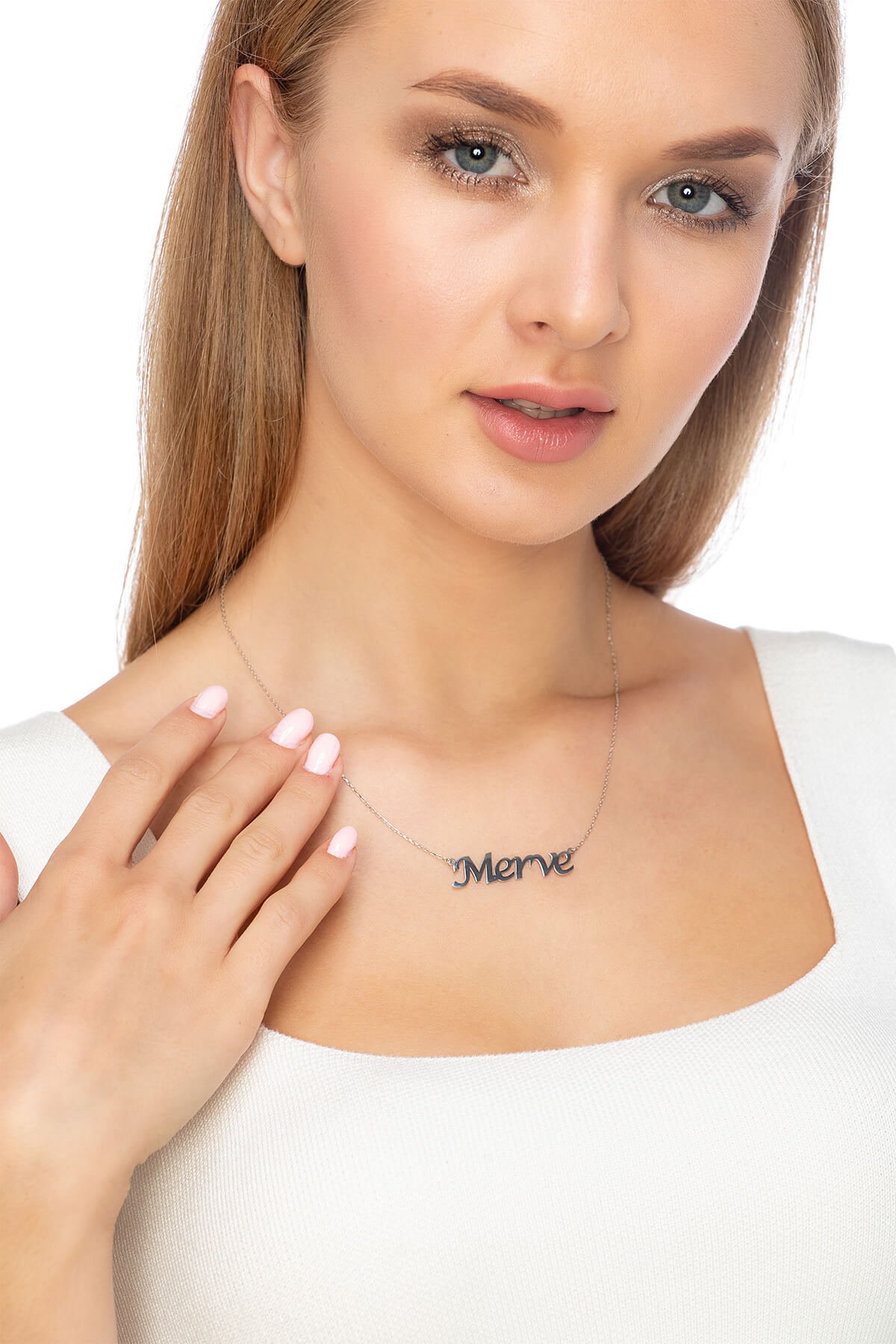 Jewelmim Kişiye Özel Merve İsimli Beyaz Altın Kaplama Gümüş Kolye, şık gümüş kolye modelleri, sevgiliye gümüş kolye hediyesi