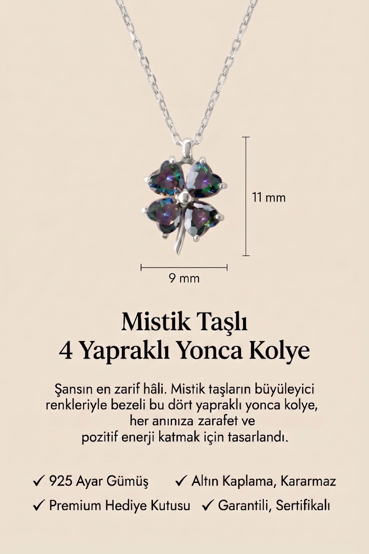 Jewelmim Mistik Taşlı 4 Yapraklı Yonca Beyaz Altın Kaplama Gümüş Kolye Duruş Detay Çekimi, anneye gümüş kolye hediyesi, zarif gümüş kolye modelleri