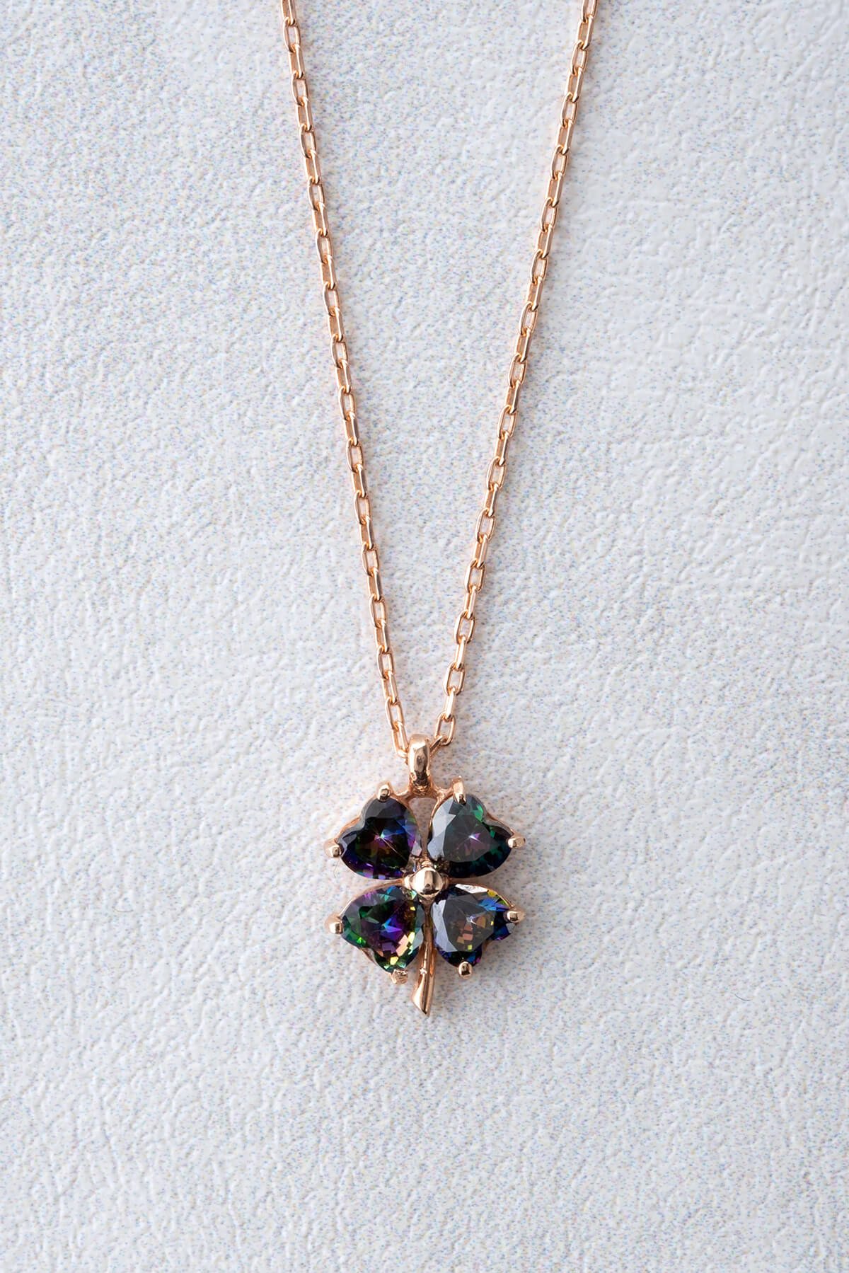 Jewelmim Mistik Taşlı 4 Yapraklı Yonca Rose Altın Kaplama Gümüş Kolye, şık gümüş kolye modelleri, sevgiliye gümüş kolye hediyesi