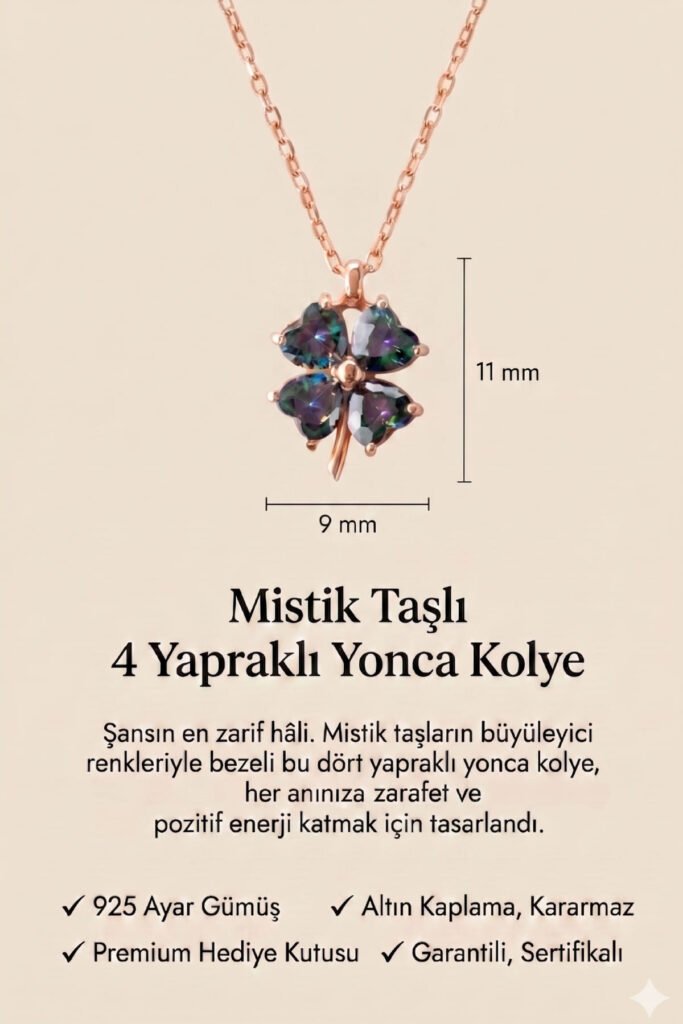 Mistik Taşlı 4 Yapraklı Yonca 925 Ayar Gümüş Kolye | 18 Ayar Vermeil Premium Rose Altın Kaplama