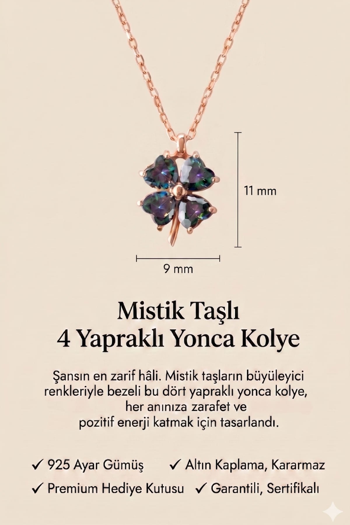 Jewelmim Mistik Taşlı 4 Yapraklı Yonca Rose Altın Kaplama Gümüş Kolye Duruş Detay Çekimi, anneye gümüş kolye hediyesi, zarif gümüş kolye modelleri