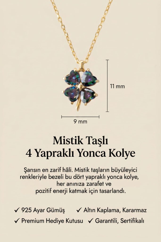 Mistik Taşlı 4 Yapraklı Yonca 925 Ayar Gümüş Kolye | 18 Ayar Vermeil Premium Sarı Altın Kaplama