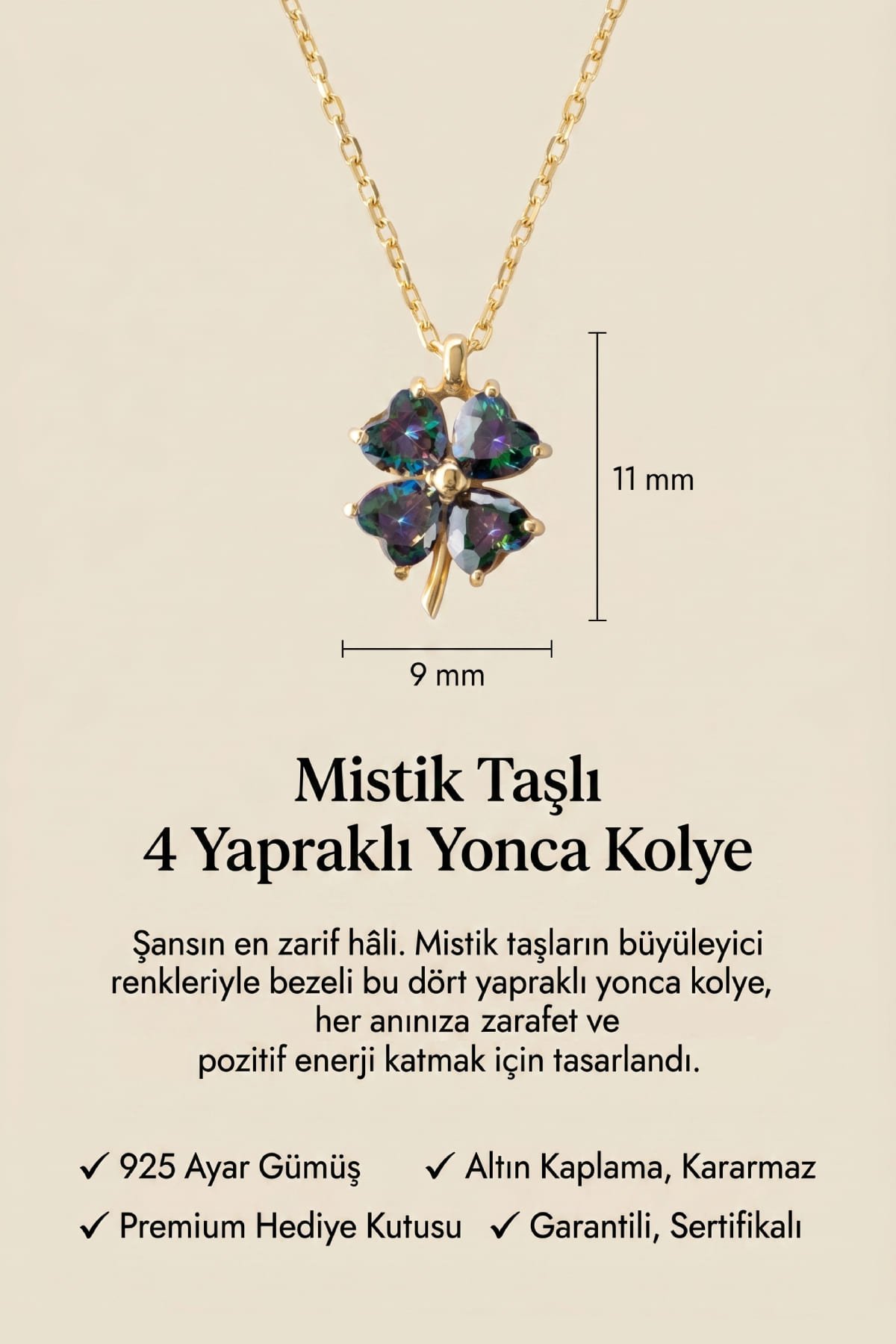 Jewelmim Mistik Taşlı 4 Yapraklı Yonca Sarı Altın Kaplama Gümüş Kolye Duruş Detay Çekimi, anneye gümüş kolye hediyesi, zarif gümüş kolye modelleri