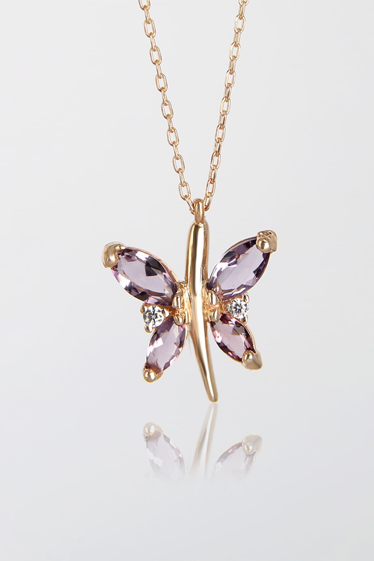Jewelmim Mor Taşlı Kelebek Rose Altın Kaplama Gümüş Kolye, şık gümüş kolye modelleri, sevgiliye gümüş kolye hediyesi