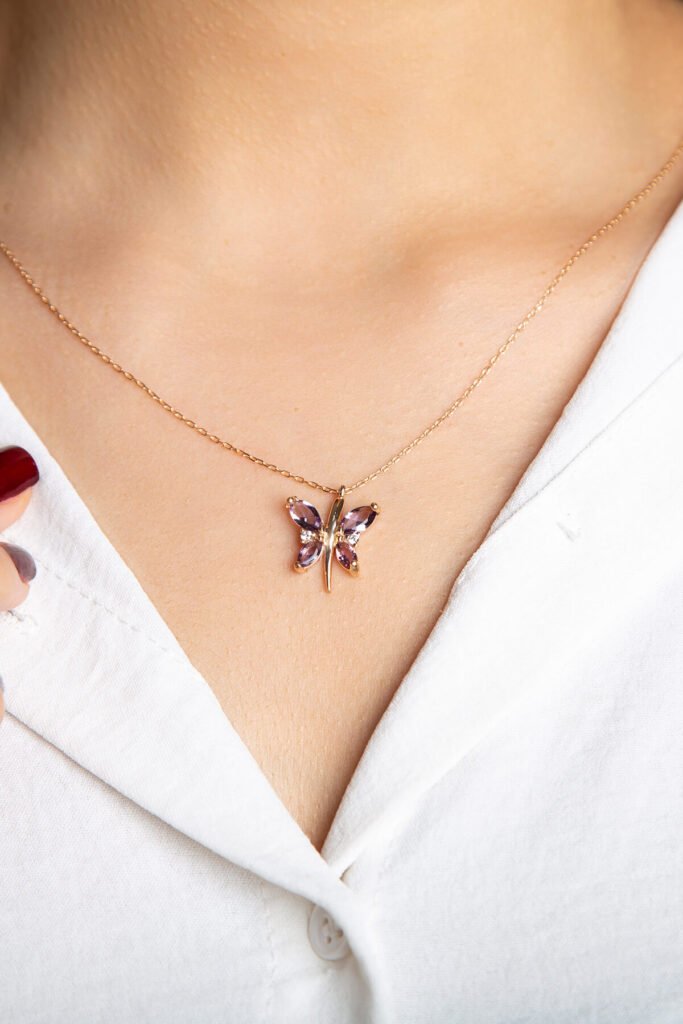 Mor Taşlı Kelebek 925 Ayar Gümüş Kolye | 18 Ayar Vermeil Premium Rose Altın Kaplama