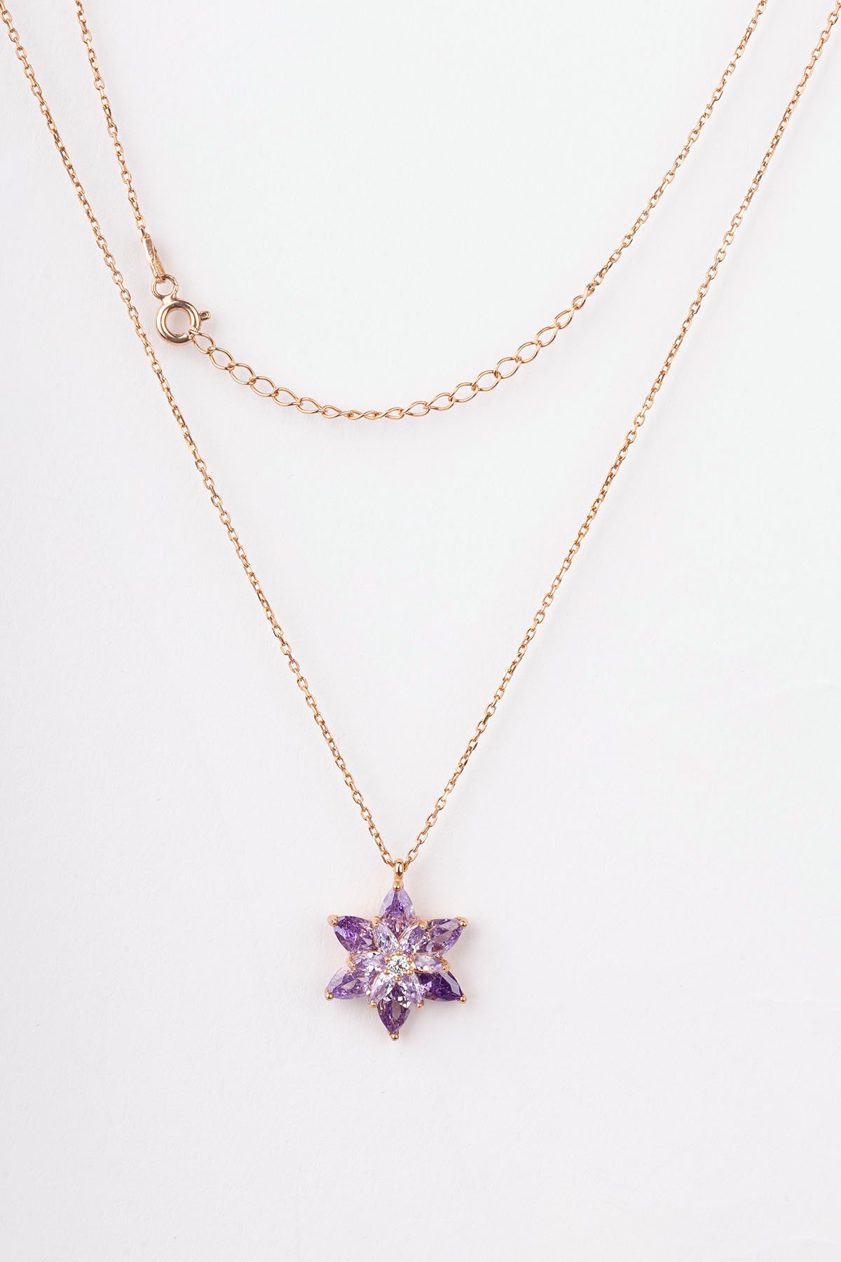 Jewelmim Mor Taşlı Lotus Çiçeği Rose Altın Kaplama Gümüş Kolye, şık gümüş kolye modelleri, sevgiliye gümüş kolye hediyesi