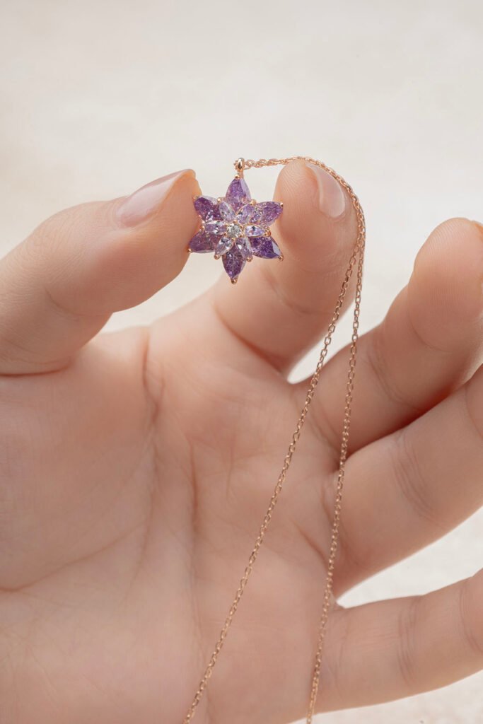 Mor Taşlı Lotus Çiçeği 925 Ayar Gümüş Kolye | 18 Ayar Vermeil Premium Rose Altın Kaplama