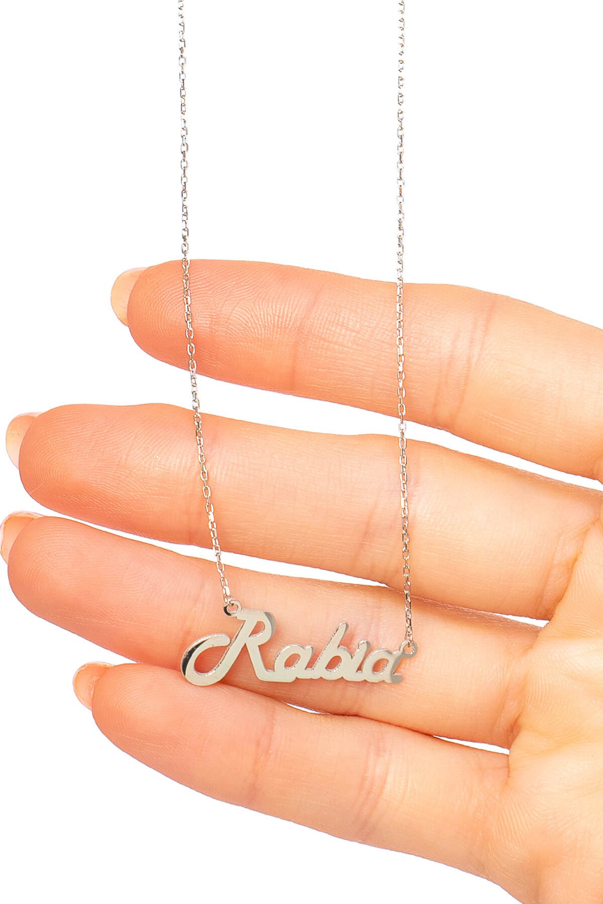 Jewelmim Kişiye Özel Rabia İsimli Beyaz Altın Kaplama Gümüş Kolye, şık gümüş kolye modelleri, sevgiliye gümüş kolye hediyesi