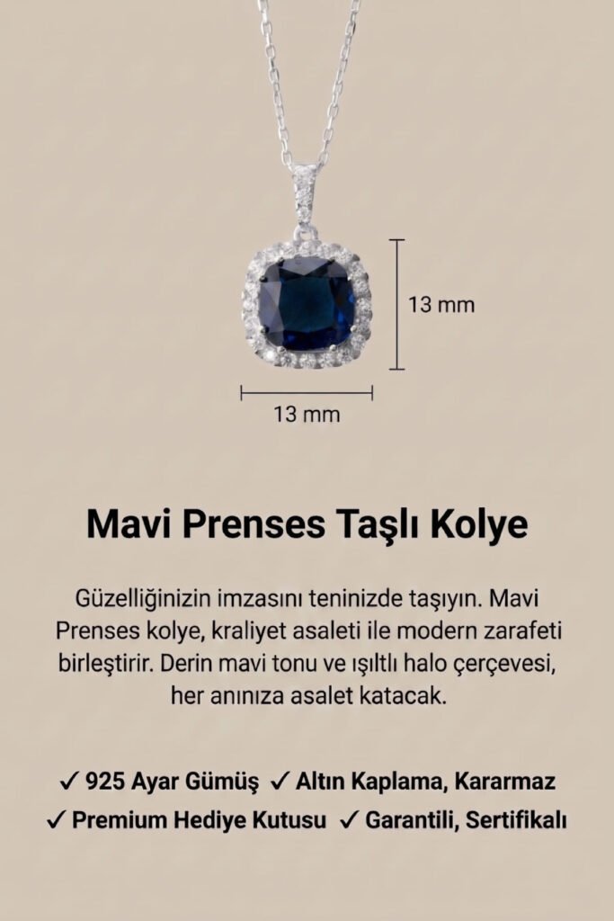 Safir Mavisi Prenses Kesim 925 Ayar Gümüş Kolye | 18 Ayar Vermeil Premium Beyaz Altın Kaplama