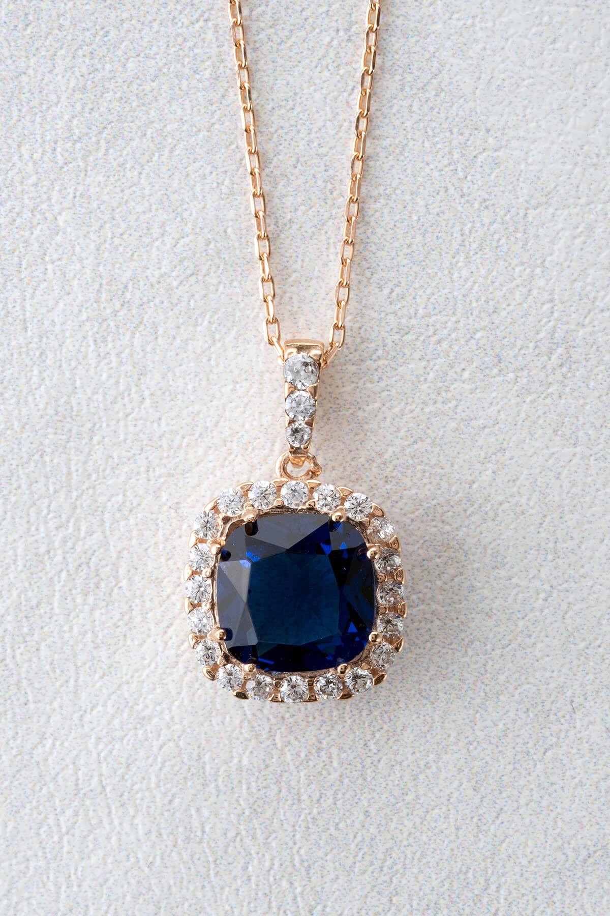 Jewelmim Safir Mavisi Prenses Kesim Rose Altın Kaplama Gümüş Kolye, şık gümüş kolye modelleri, sevgiliye gümüş kolye hediyesi