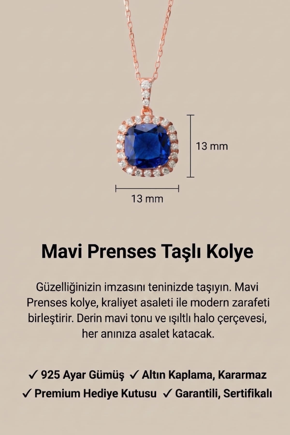 Jewelmim Safir Mavisi Prenses Kesim Rose Altın Kaplama Gümüş Kolye Duruş Detay Çekimi, anneye gümüş kolye hediyesi, zarif gümüş kolye modelleri
