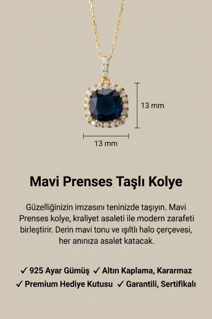 Safir Mavisi Prenses Kesim 925 Ayar Gümüş Kolye | 18 Ayar Vermeil Premium Sarı Altın Kaplama