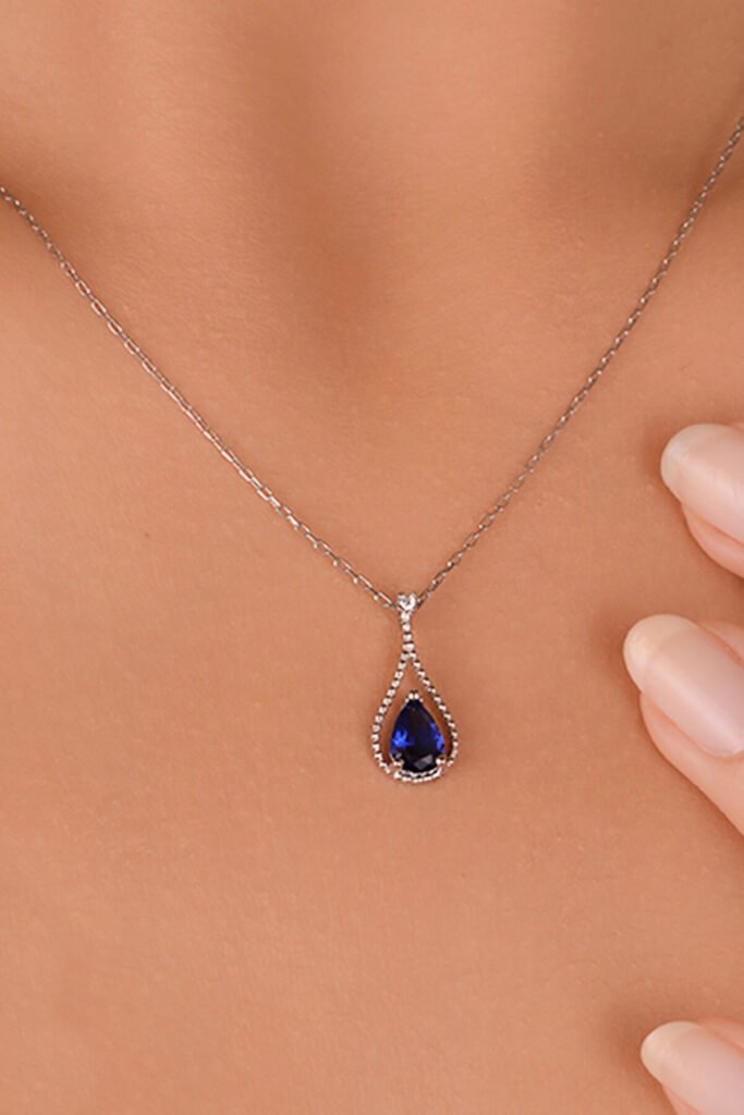 Safir Mavisi Su Damlası 925 Ayar Gümüş Kolye | 18 Ayar Vermeil Premium Beyaz Altın Kaplama